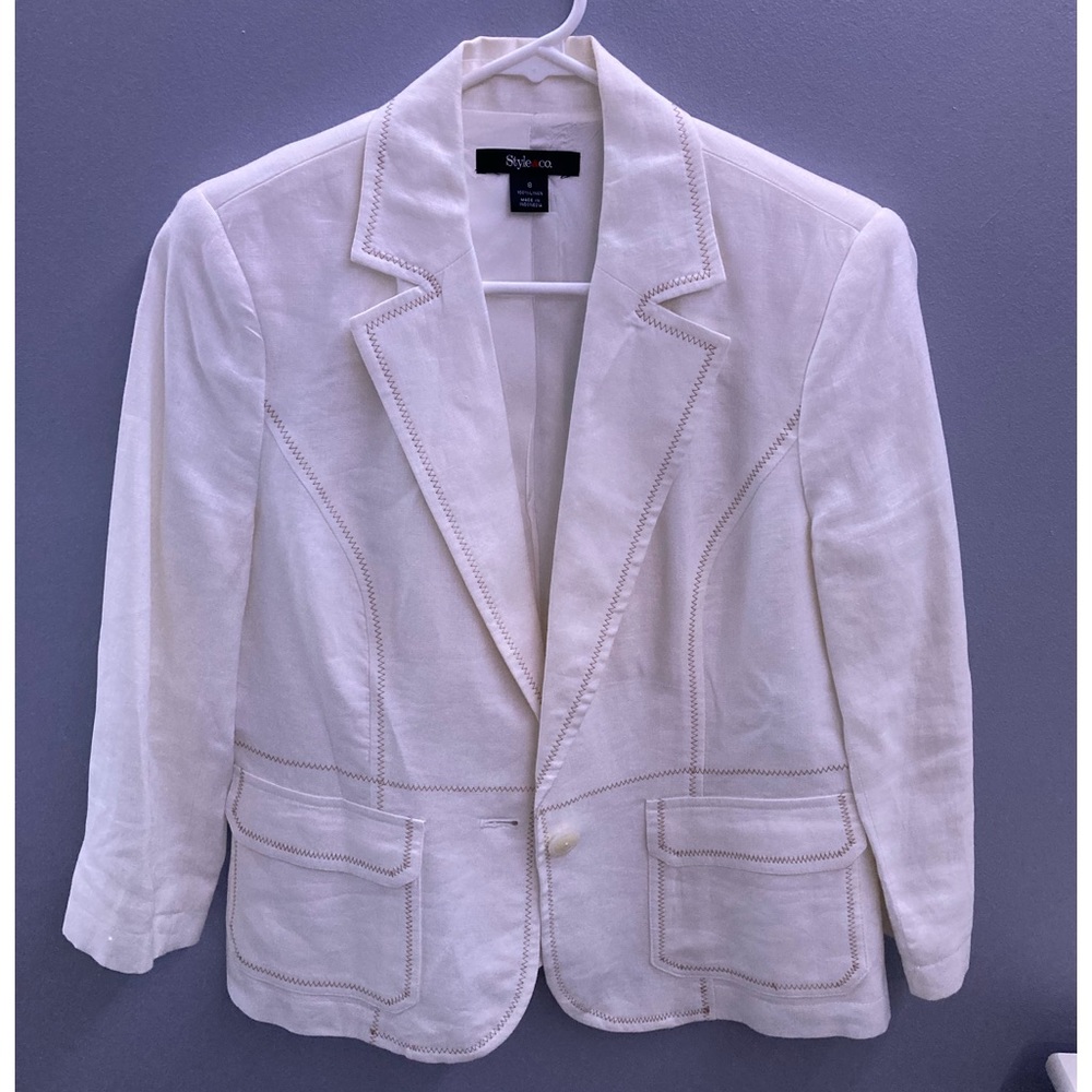 Style & Co White Blazer with Tan Cross Stitch